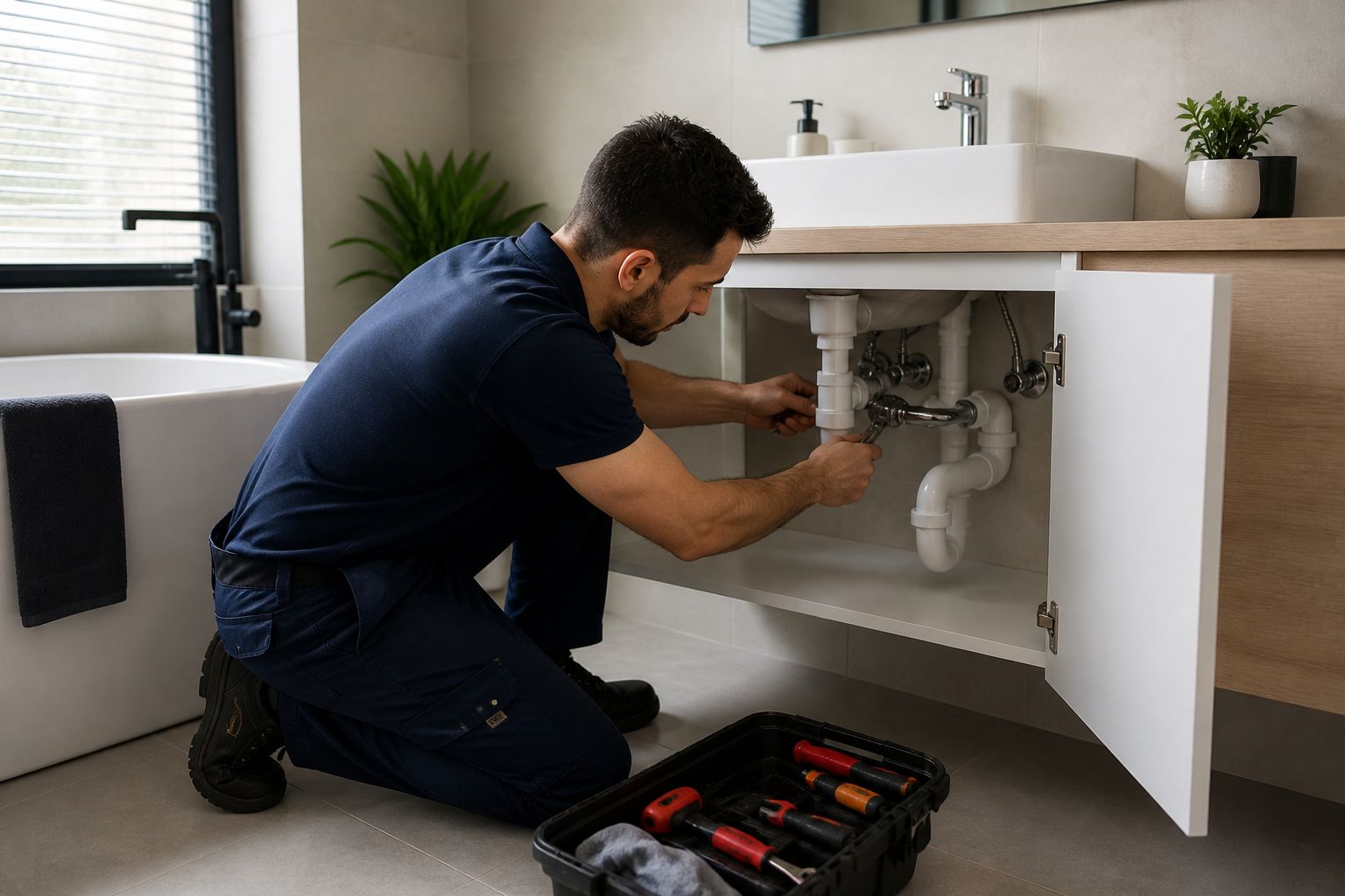 Intervention sur lavabo de salle de bain — raccordement et siphon
